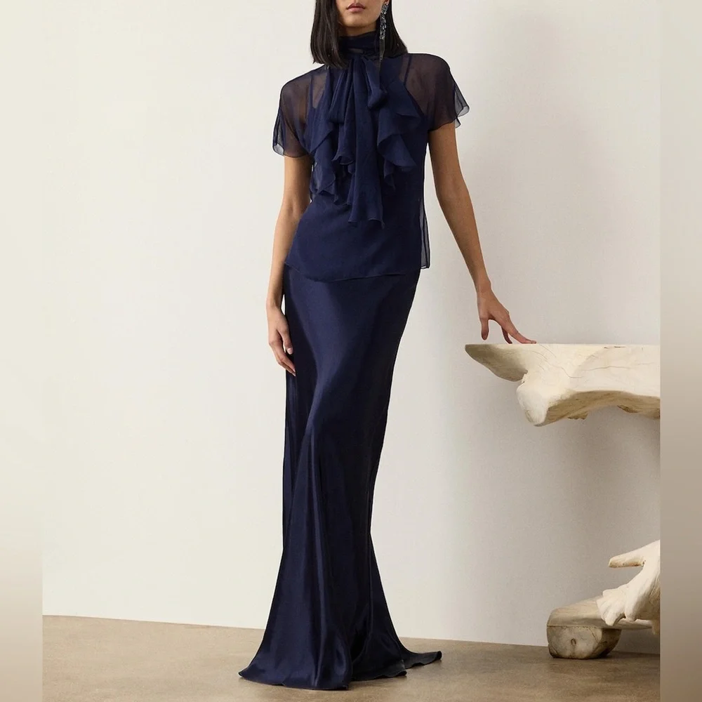 RALPH LAUREN COLLECTION MASSINA STRETCH SATIN SKIRT IN NAVY BLUE